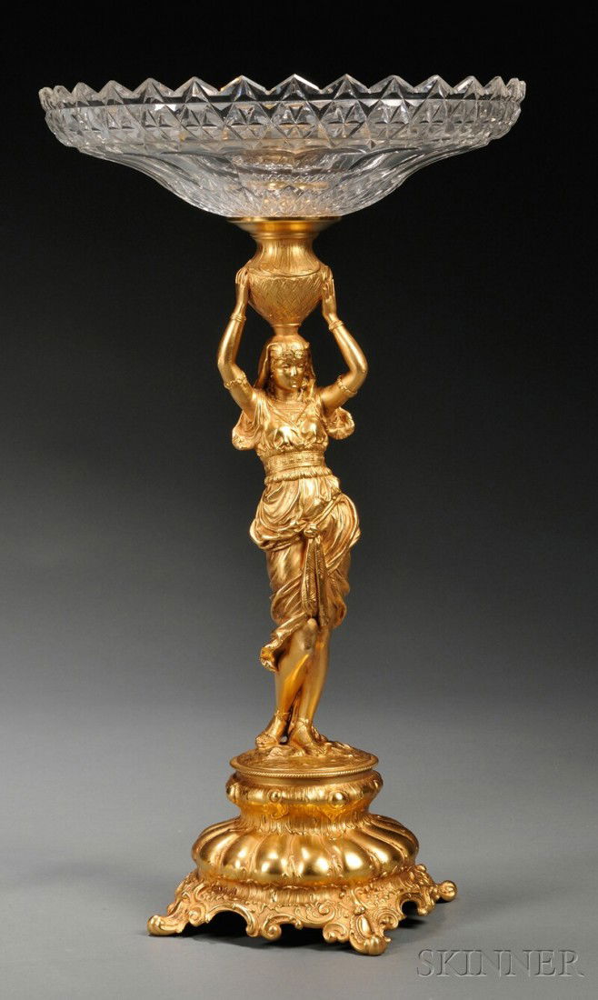 Gilt-metal and Cut Glass Figural Centerpiece, Germ: Gilt-metal and Cut Glass Figural Centerpiece, Germany, late 19th century, mark of Wurttembergische Metallwarenfabrik (WMF), with bowl issuing from a vessel balanced atop an exotic woman's head, on cir