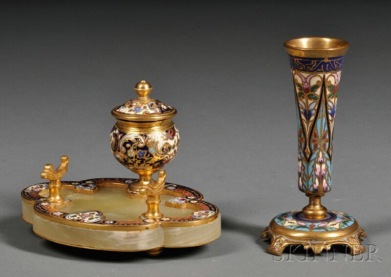 Two Small Champleve Items, France, 19th century, a: Two Small Champleve Items, France, 19th century, an urn-form inkwell and pen-rest on quatrefoil green onyx base, lg. 4 1/2; and a slender bud vase on a circular base with shaped feet, ht. 4 5/16 in.