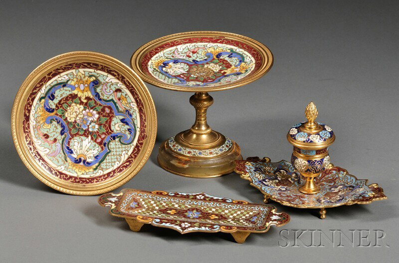 Four Champleve and Gilded Bronze Items, France, 19: Four Champleve and Gilded Bronze Items, France, 19th century, a pair of tazzas with enameled bowls, knopped stems and green onyx bases, ht. 4; an urn-form inkwell with hinged lid on shaped and footed