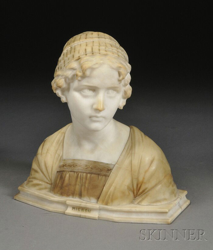 Italian Alabaster Bust of a Maiden with Pedestal,: Italian Alabaster Bust of a Maiden with Pedestal, late 19th century, the bust depicting a young girl, titled to front of socle "Mignon," on pedestal with rectangular top, reeded stem with central flat