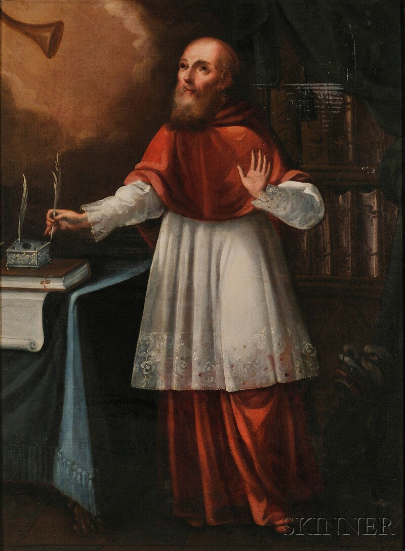 Spanish Colonial School, 18th/19th Century Portra: Spanish Colonial School, 18th/19th Century Portrait of a Saint or Cleric Unsigned. Oil on canvas mounted on cradled panel, 38 1/8 x 28 in. (97.0 x 71.3 cm), framed. Condition: Lined, retouch, craquelu