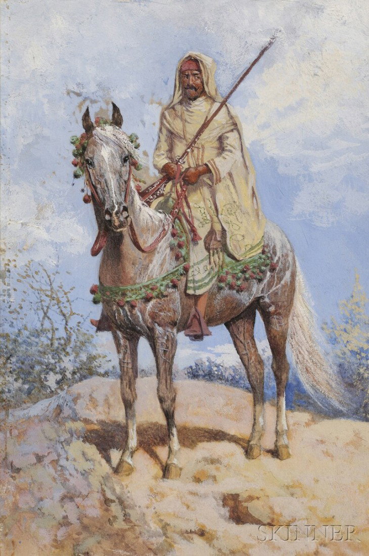 Continental School, 19th Century Arab on Horsebac: Continental School, 19th Century Arab on Horseback Unsigned. Gouache on paper/board, sight size 7 3/4 x 5 1/8 in. (19.8 x 13.0 cm), framed. Condition: Mounted within a window mat, not examined out of 