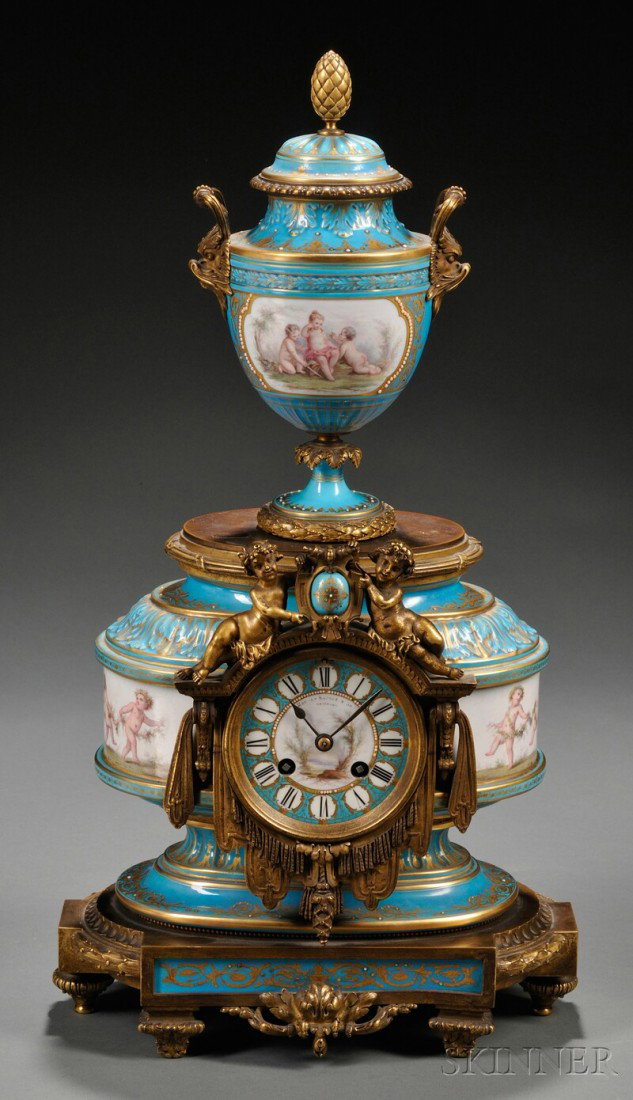 Sevres-style Porcelain-mounted Bronze Figural Man: Sevres-style Porcelain-mounted Bronze Figural Mantel Clock, France, 19th century, turquoise ground , the vase jeweled and polychrome enamel decorated with panels of putti and landscape, set on a clock
