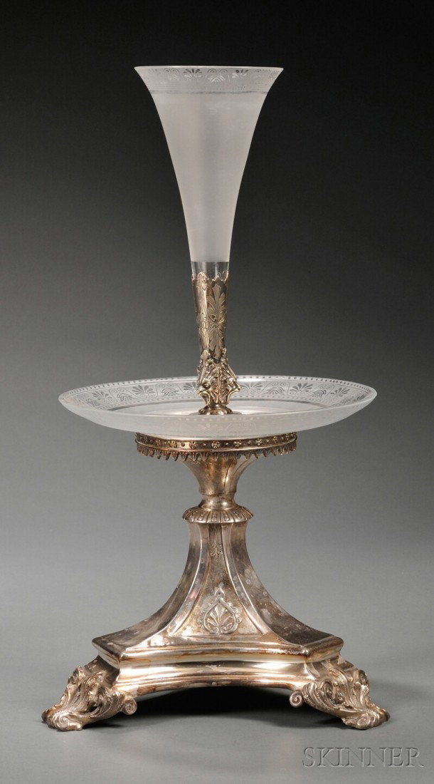Glass and Silver Plate Epergne, 20th century, tru: Glass and Silver Plate Epergne, 20th century, trumpet-shaped vase and circular dish decorated with palmette borders and frosted bands, mounted atop a tapering triangular base, overall ht. 17 1/2 in.