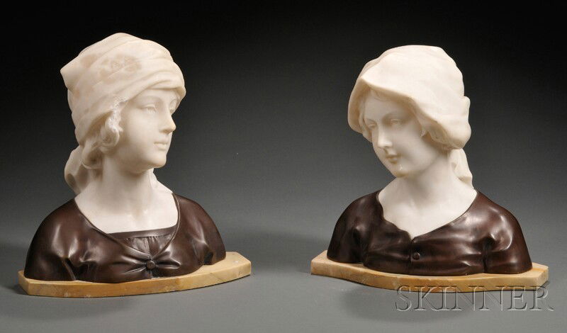 Pair of Bronze and Alabaster Busts of Young Women: Pair of Bronze and Alabaster Busts of Young Women, Continental, late 19th/early 20th century, each alabaster bust modeled wearing a scarf and mounted on bronze shoulders set on a marble base, unidenti