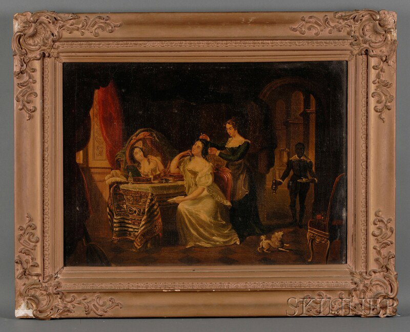 Continental School, 18th/19th Century A Lady and : Continental School, 18th/19th Century A Lady and Attendants at Her Toilette Unsigned. Oil on canvas, 20 3/4 x 25 3/8 in. (52.6 x 64.3 cm), framed. Condition: Trimmed and laid on paperboard, old retouc