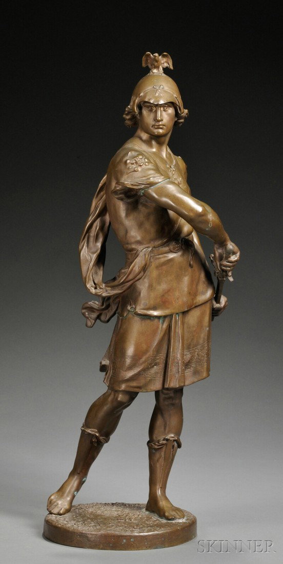 Emile Louis Picault, (French, 1833-1915) Bronze F: Emile Louis Picault, (French, 1833-1915) Bronze Figure of a Warrior, the standing figure modeled grasping his short sword with both hands, inscribed signature, ht. 19 1/4 in.