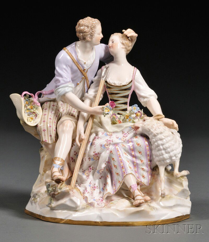 Meissen Porcelain Figural Group, Germany, 19th ce: Meissen Porcelain Figural Group, Germany, 19th century, polychrome enameled depiction of a shepherd and shepherdess, underglazed first quality crossed swords mark, ht. 7 3/8 in.