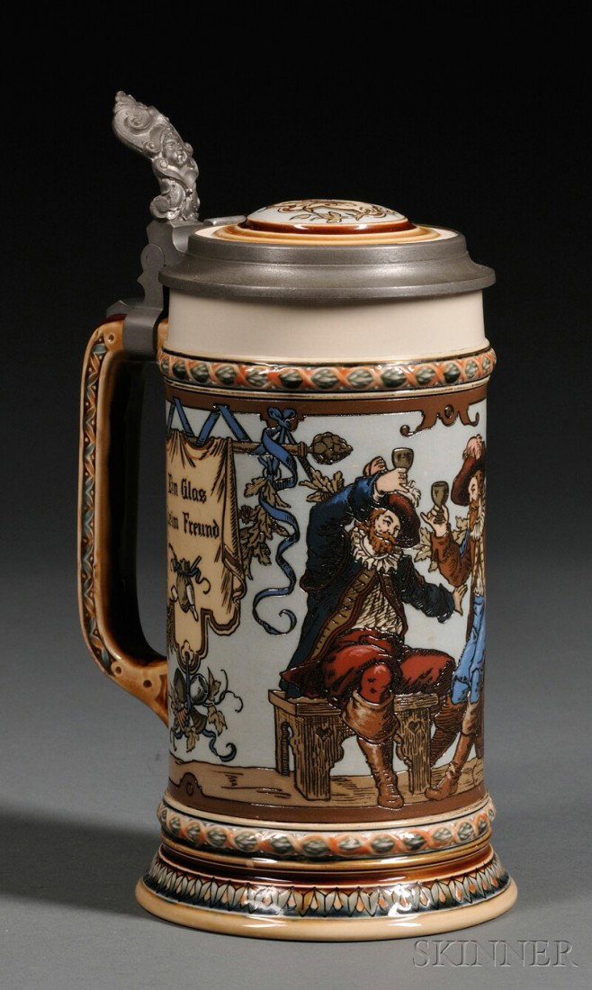 Mettlach Pottery Etched One Litre Stein, Germany,: Mettlach Pottery Etched One Litre Stein, Germany, 20th century, numbered 1932, with depiction of cavaliers drinking, signed Warth, the hinged inlay pewter lid with later inscription W.J. Buckley, rim 