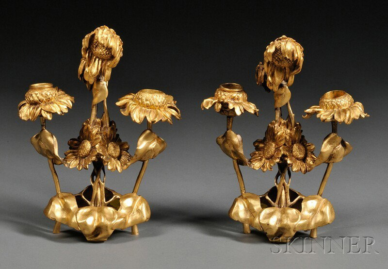 Pair of Dore Bronze Two-light Candlesticks, Franc: Pair of Dore Bronze Two-light Candlesticks, France, 19th century, foundry marked E. Colin & Cie Paris, floral and foliate decorated, ht. 9 1/4 in.