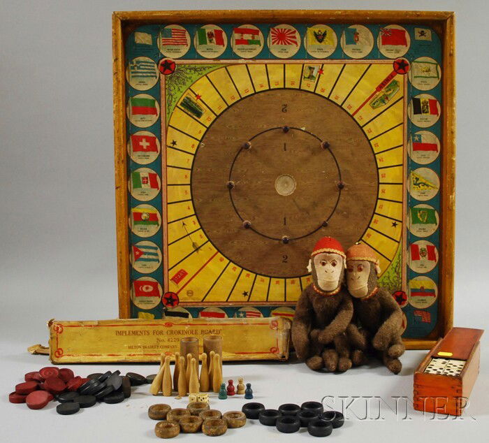 Group of Miscellaneous Toys and Games, including a p: Group of Miscellaneous Toys and Games, including a pair of mohair seated monkeys, bone dominoes, a double-sided chromolithograph game board, wooden game pieces, etc. (some wear to lot).