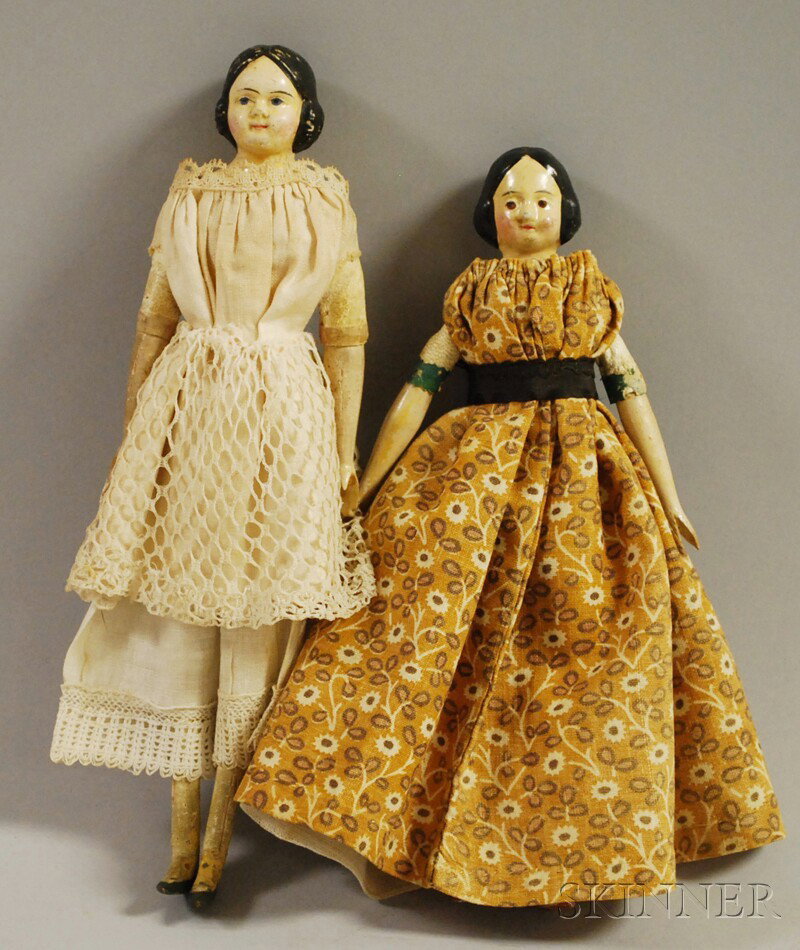 Two Small Papier-mache "Milliner's Model" Dolls, Ge: Two Small Papier-mache "Milliner's Model" Dolls, Germany, 1850s, kid bodies, wooden limbs, one brown eyes, ht. 7 1/2, 8 1/4 in.