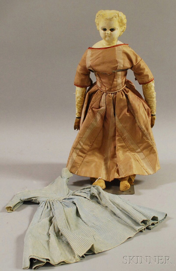 Blond Papier-mache Shoulderhead Doll with Additiona: Blond Papier-mache Shoulderhead Doll with Additional Dress, 1860s, cloth body, kid arms, ht. 18 in.