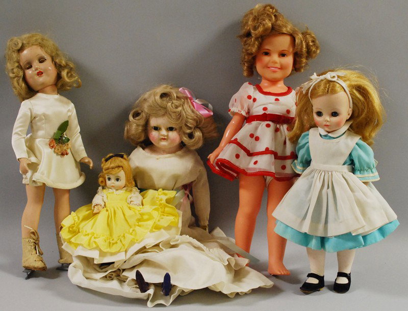 Five Miscellaneous Dolls including Composition Sonj: Five Miscellaneous Dolls including Composition Sonja Henie, by Madame Alexander, ht. 14; hard plastic Alex "Ali1ce", ht. 12; Alexanderkins, ht. 8 in.; vinyl 1973 Shirley Temple, and early wax-over.