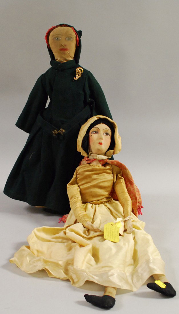Two Cloth Dolls, early 20th century, handmade paint: Two Cloth Dolls, early 20th century, handmade painted face doll, commercial bed doll, ht. 20, 25 in.