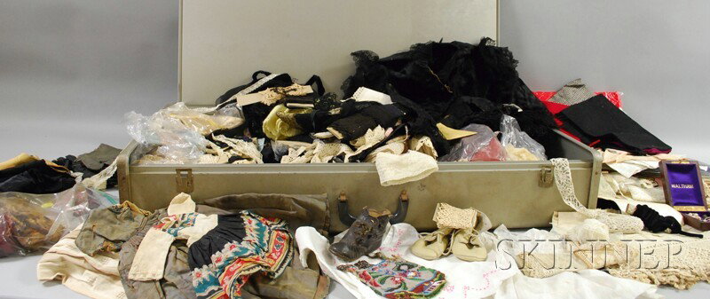 Large Lot of Laces, Fabrics, Leather Gloves, and M: Large Lot of Laces, Fabrics, Leather Gloves, and Miscellany, some doll clothes, shoes, etc.