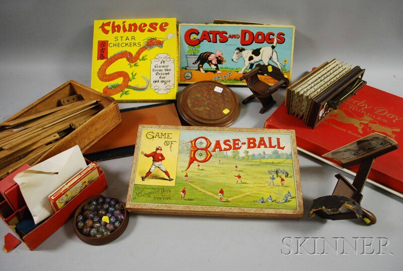 Group of Miscellaneous Toys and Lithographed Games: Group of Miscellaneous Toys and Lithographed Games, including three painted cast iron cars, "Cats and Dogs" game by Parker Brothers; "Game of Base-Ball" by McLoughlin Brothers, New York; Number 56 "Bi