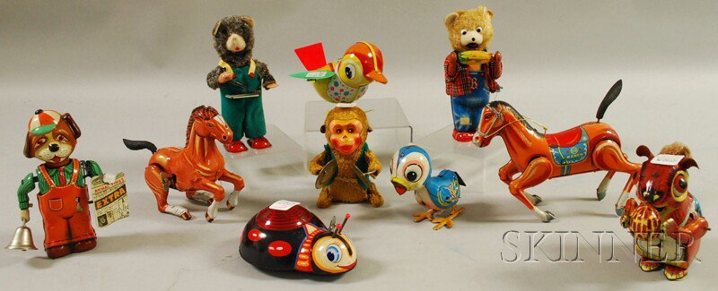 Ten Lithographed Tin Wind-up Toy Animal Figures.: Ten Lithographed Tin Wind-up Toy Animal Figures.