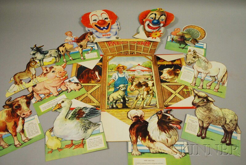 Two Spin-Art-Wheel Toy Co. Die-cut Bozo Cardboard: Two Spin-Art-Wheel Toy Co. Die-cut Bozo Cardboard Standups and a 1944 Pals on Our Farm Die-cut Book.