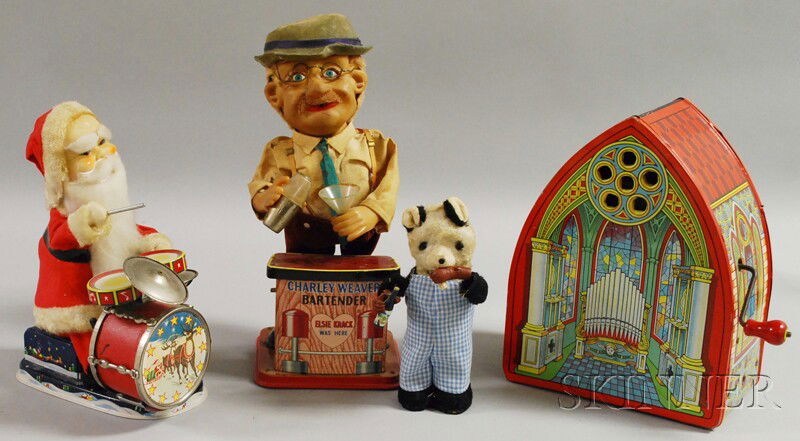 Four Vintage Battery-op and Wind-up Toys, a Japane: Four Vintage Battery-op and Wind-up Toys, a Japanese battery-op "Charley Weaver Bartender," Alps Santa drummer, Chein wind-up tin cathedral organ, and a wind-up drinking bear.
