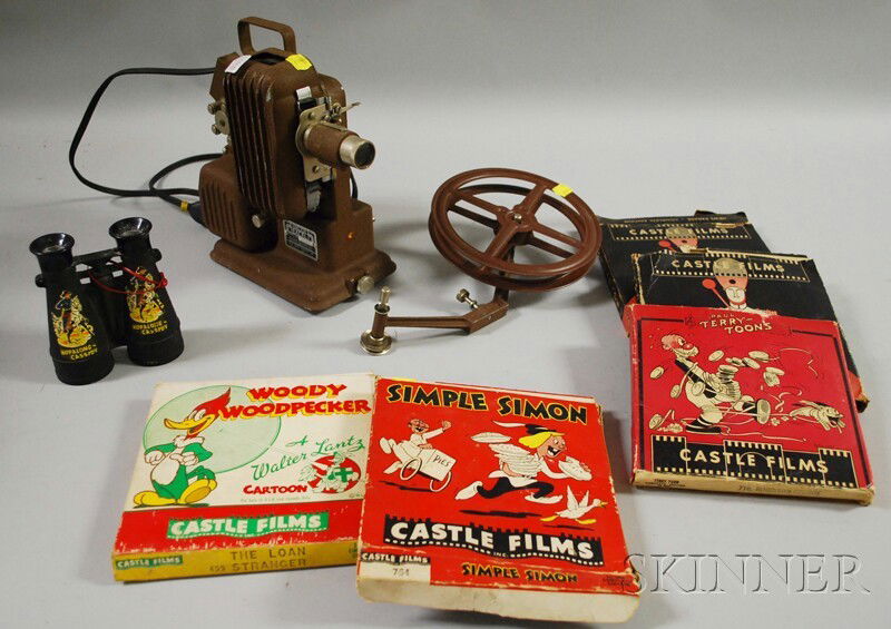 Five Vintage 16mm Children's Movies, a Projector,: Five Vintage 16mm Children's Movies, a Projector, and a Pair of Hopalong Cassidy Binoculars, including films Paul Terry Toons, two Castle Films News Parade, Woody Woodpecker, and Simple Simo