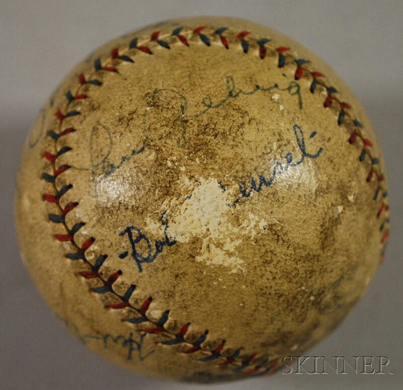 1927 New York Yankees Team Autographed Baseball, i: 1927 New York Yankees Team Autographed Baseball, including Benny Bengough, Tony Lazzeri, Mark Koenig, Herb Pennock, Lou Gehrig, and Bob Meusel, (with a later inauthentic "Babe Ruth"), the ball with re