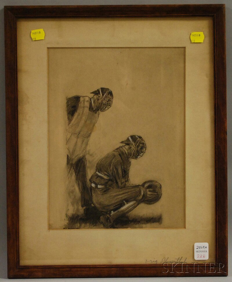 Moses L. Blumenthal Illustration for McClure's Mag: Moses L. Blumenthal Illustration for McClure's Magazine "Second Baseball" Story, 1919, pencil and gouache, depicting a baseball catcher and umpire at the plate, signed l.l., with publisher stamps and 