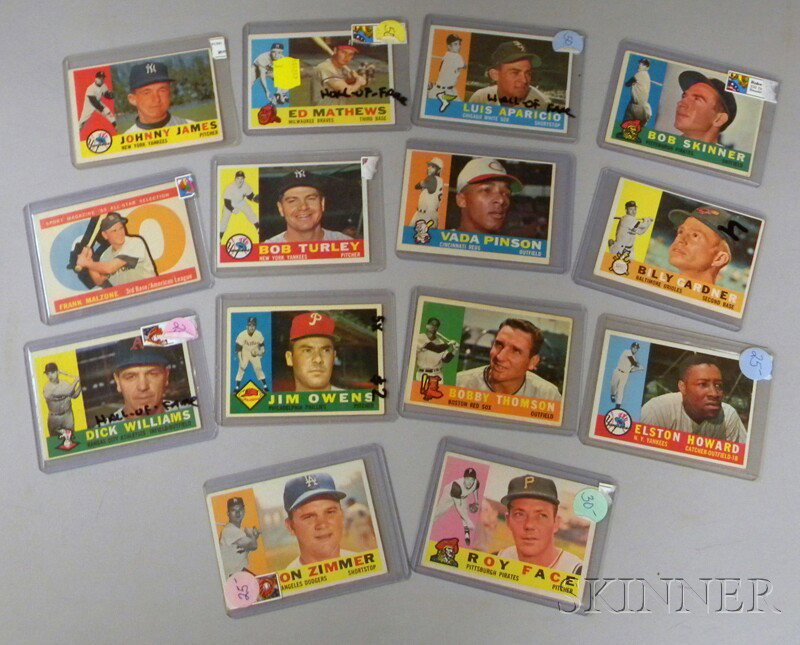 Fourteen 1960 Topps Baseball Cards, no. 20 Roy Fa: Fourteen 1960 Topps Baseball Cards, no. 20 Roy Face, no. 47 Don Zimmer, no. 65 Elston Howard, no. 106 Billy Gardner, no. 113 Bob Skinner, no. 153 Bobby Thomson, no. 185 Jim Owens, no. 188 Dick William