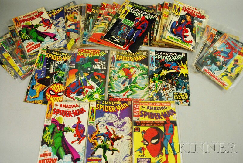 Fifty-six Silver Age The Amazing Spider-Man, Marve: Fifty-six Silver Age The Amazing Spider-Man, Marvel Comics, 1964-1971, no. 16, (2) 18, 19, 23, 24, (2) 27, (2) 28, 29, (2) 30, (2) 31, 32, (2) 33, 54, 56, (2) 57, (3) 58, (2) 59, (2) 63, (2) 66, 71, 7