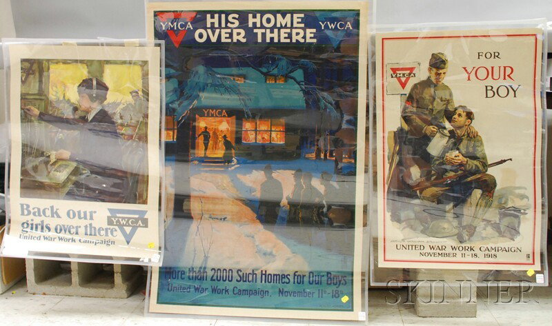 Three WWI YMCA/YWCA Lithograph Posters, Arthur W.: Three WWI YMCA/YWCA Lithograph Posters, Arthur W. Brown, For Your Boy; Albert Herter, YMCA His Home Over There; and Clarence F. Underwood, Back our girls over there, unframed, 30 x 20, 41 x