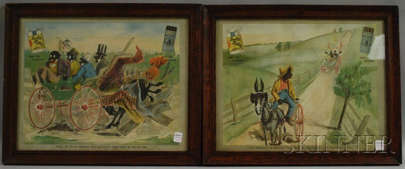Pair of Oak Framed Chromolithograph Duke's Mixture: Pair of Oak Framed Chromolithograph Duke's Mixture/Old Virginia Cheroots Black Character Tobacco Advertisements, "JE-E-RUSALEM-DE-GOLDEN! DAT MUST BE ONE O' DEM FLYIN MACHINES COMIN" and "SKUSE ME MIS