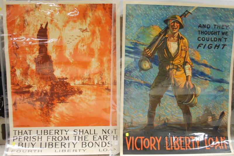 Two WWI Lithograph Posters, Clyde Forsythe, And Th: Two WWI Lithograph Posters, Clyde Forsythe, And They Thought We Couldn't Fight; Joseph Pennell, That Liberty Shall Not Perish From The Earth, unframed, 41 x 31 and 41 x 30 in., respectively.
