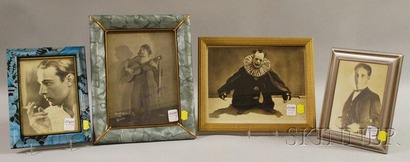 Four Framed Movie Star Photos, c. 1930, signed Lon: Four Framed Movie Star Photos, c. 1930, signed Lon Chaney as a clown, with Charlie Chaplin, Rudolph Valentino, and Mary Pickford printed signatures.