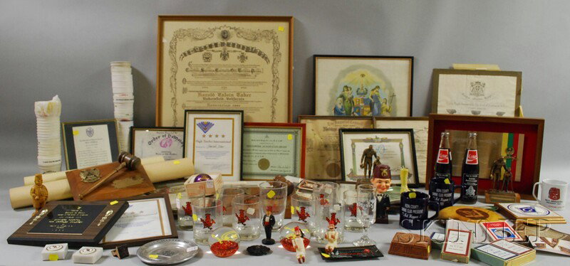 Large Group of Assorted Masonic Paraphernalia, inc: Large Group of Assorted Masonic Paraphernalia, including framed certificates, presentation plaques, paperweights, glassware, playing cards, and other items.