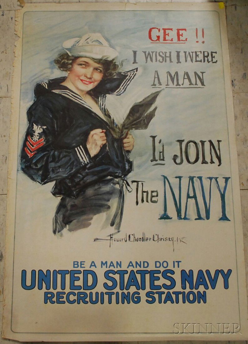 WWI Howard Chandler Christy Lithograph GEE! I Wish: WWI Howard Chandler Christy Lithograph GEE! I Wish I Were A Man, I'd Join The Navy Poster, unframed, 41 x 27 in.