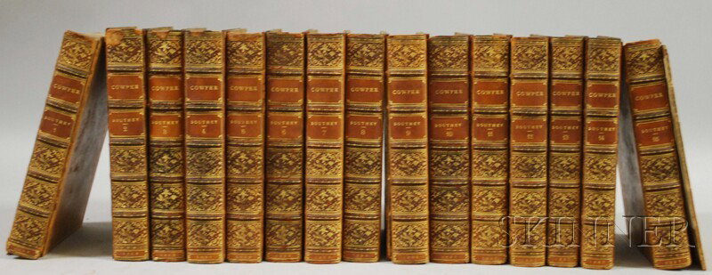 (Decorative Bindings), Cowper, William (1731-1800): (Decorative Bindings), Cowper, William (1731-1800), Works, London: Baldwin and Cradock, 1836, edited by Robert Southey, in fifteen volumes, gilt tooled tan calf, 8vo, (board detached).