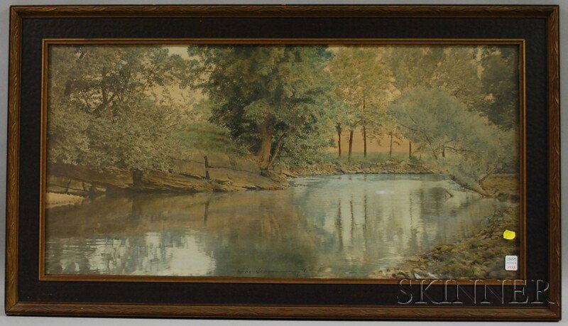 Large Framed Wallace Nutting Hand-colored Photogr: Large Framed Wallace Nutting Hand-colored Photograph The Swimming Pool, titled within the image, in original frame, sight size 17 3/4 x 35 3/4 in.