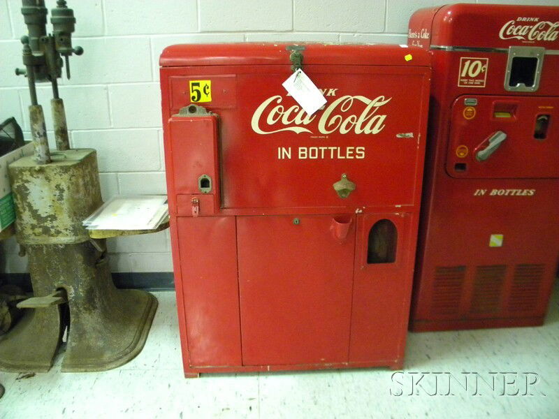 Coca-Cola 5-Cent Bottle Vending Machine, Vendorlat: Coca-Cola 5-Cent Bottle Vending Machine, Vendorlator Mfg. Co. Fresno, California, c. 1939, serial no. 1050B, original paint, ht. 52, wd. 28 1/2, dp. 26 in.