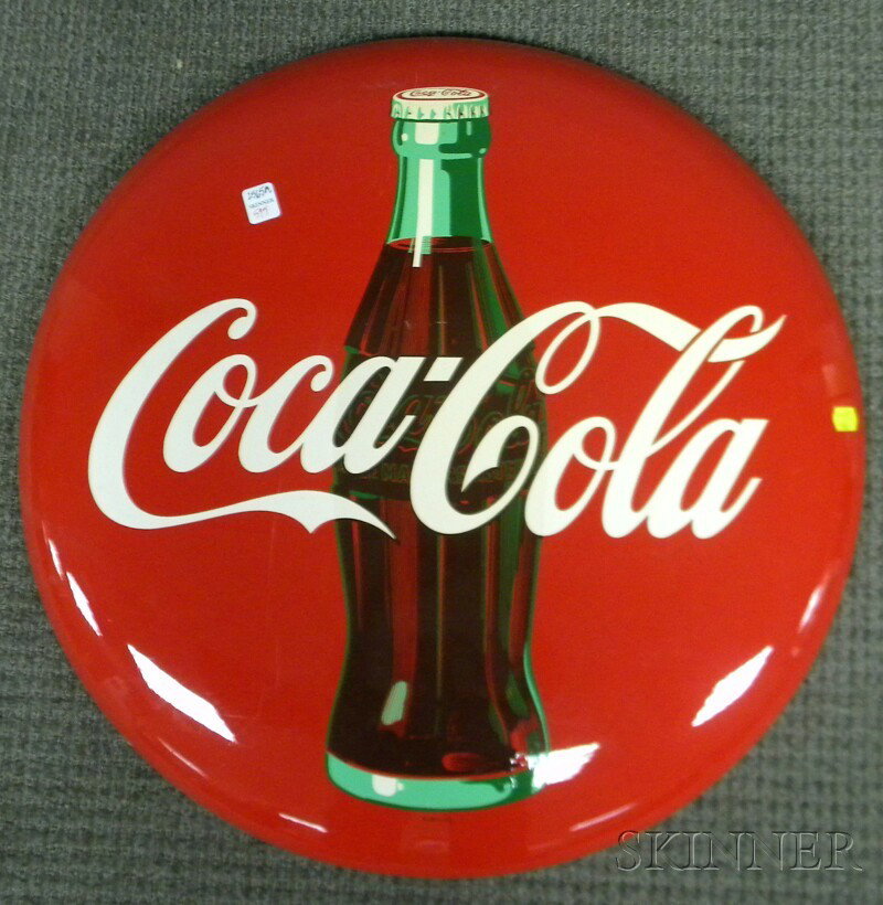 Coca-Cola Painted Tin Button Sign, c. 1952, (unuse: Coca-Cola Painted Tin Button Sign, c. 1952, (unused), dia. 24 in.
