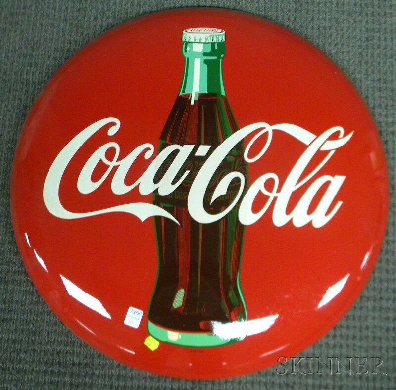 Coca-Cola Painted Tin Button Sign, c. 1952, (unuse: Coca-Cola Painted Tin Button Sign, c. 1952, (unused), dia. 24 in.