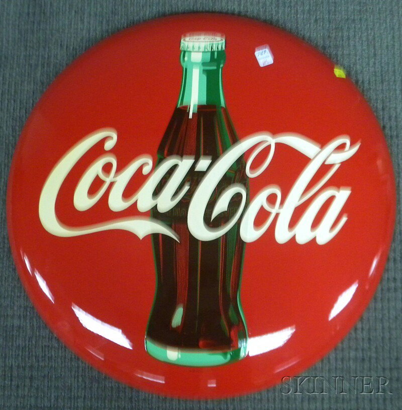 Coca-Cola Painted Tin Button Sign, c. 1952, (unuse: Coca-Cola Painted Tin Button Sign, c. 1952, (unused), dia. 24 in.