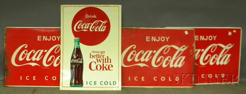 Three Coca-Cola Painted Tin "Enjoy...Ice Cold" Sig: Three Coca-Cola Painted Tin "Enjoy...Ice Cold" Signs and a Coca-Cola Painted Tin "Drink...Things Go Better" Sign, 1960s, (some corrosion and loss), the three 20 x 27 3/4 and the latter 27 3/4 x 19 3/4