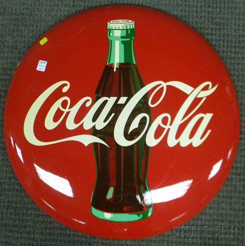 Coca-Cola Painted Tin Button Sign, c. 1952, (unuse: Coca-Cola Painted Tin Button Sign, c. 1952, (unused), dia. 24 in.