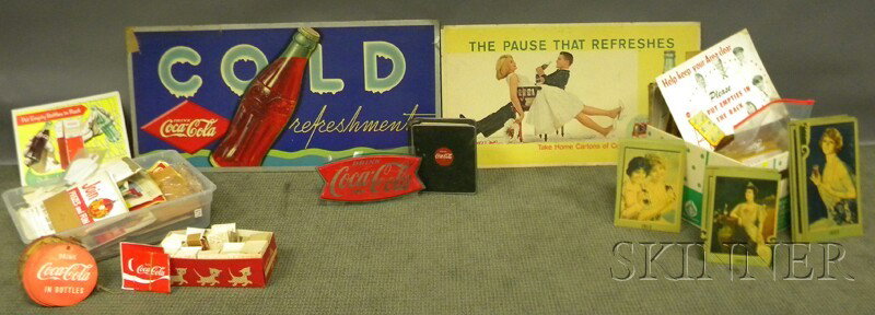 Lot of Vintage Coca-Cola Printed Advertising, Disp: Lot of Vintage Coca-Cola Printed Advertising, Display, and Other Paper Articles, including posters, order books, decals, a cooler book, etc.