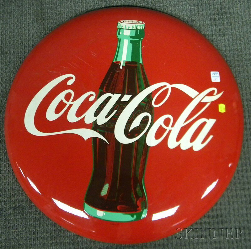 Coca-Cola Painted Tin Button Sign, c. 1952, (unuse: Coca-Cola Painted Tin Button Sign, c. 1952, (unused), dia. 24 in.