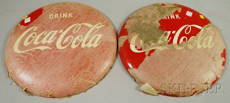 Pair of Coca-Cola Painted Tin Button Signs, c. 195: Pair of Coca-Cola Painted Tin Button Signs, c. 1952, (unused), dia. 16 in.