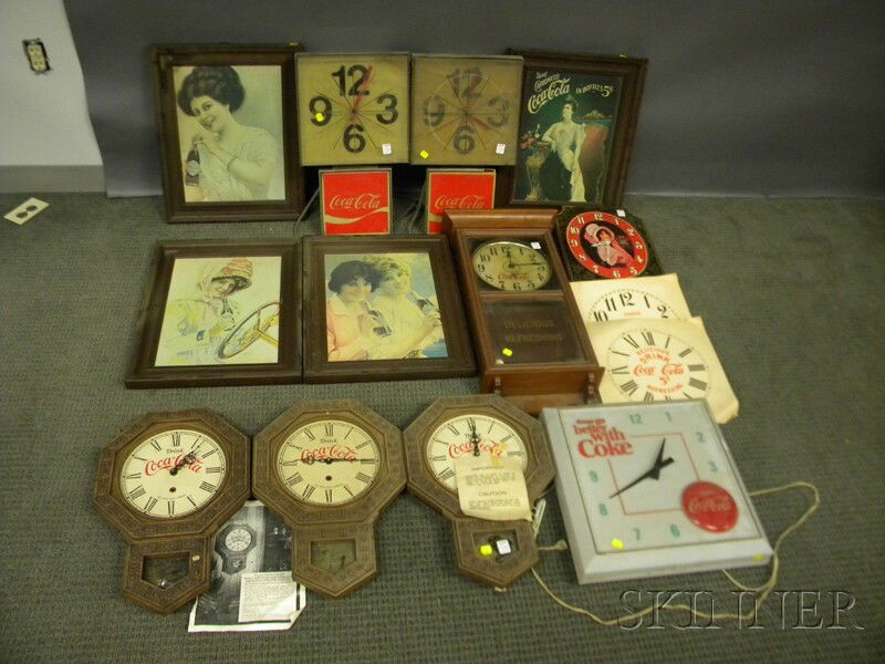 Eight Coca-Cola Plastic Wall Clocks and a Set of F: Eight Coca-Cola Plastic Wall Clocks and a Set of Four Plastic Framed Vintage-style Portraits.