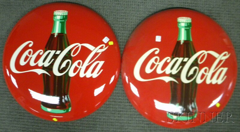 Pair of Coca-Cola Painted Tin Button Signs, c. 195: Pair of Coca-Cola Painted Tin Button Signs, c. 1952, dia. 24 in.