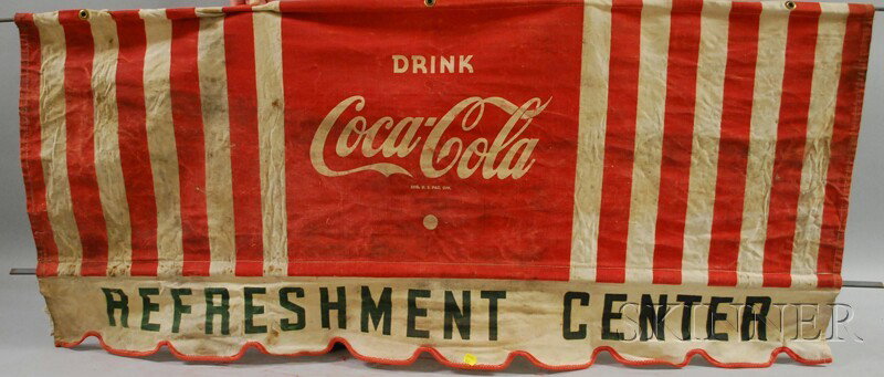Coca-Cola Painted Canvas "Refreshment Center" Awni: Coca-Cola Painted Canvas "Refreshment Center" Awning, c. 1950, with iron supports, ht. 24, lg. 54 1/4 in.