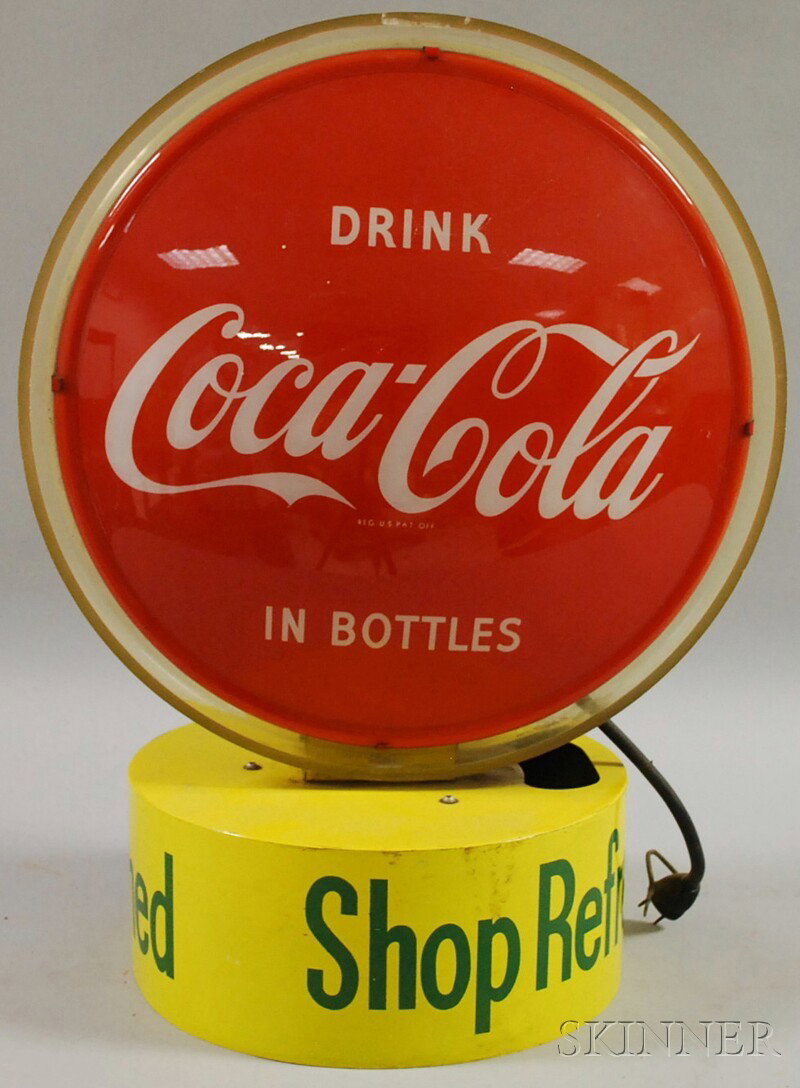 Coca-Cola Plastic and Metal Illuminated Double-sid: Coca-Cola Plastic and Metal Illuminated Double-sided Advertising Display Globe, c. 1957, ht. 21, wd. 16 in.